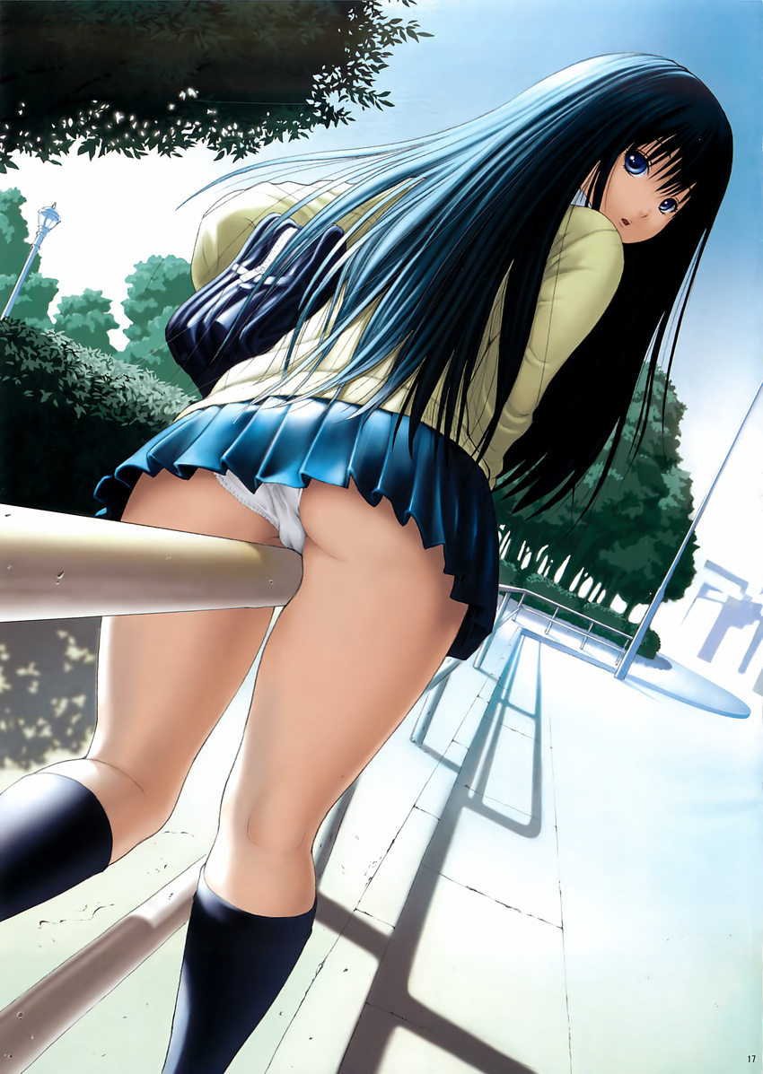 1girl absurdres ane_doki ass bar black_legwear blue_eyes blue_hair bush cameltoe derivative_work dutch_angle fence from_behind grinding hagiwara_natsuki highres kneehighs kneepits lamppost legs long_hair looking_back open_mouth panties pantyshot pleated_skirt rail railing school_uniform skirt solo straddle straddling thighs tree underwear upskirt white_panties youshu_ohepe youshuu_ohepe