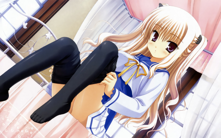 absurdres bed blonde_hair bra-ban! curtains feet hibarigaoka_yuki highres long_hair mole mole_under_eye muririn pantyhose pantyhose_pull purple_eyes school_uniform serafuku sitting solo undressing window