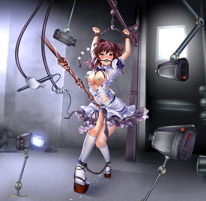 ball_gag bdsm blush bondage breasts brown_hair camera clog_sandals clothes_pin female gag gagged hat highres monikano nipple_torture nipples pixiv_manga_sample predicament_bondage pussy_juice pussy_juice_running_down_leg_and_onto_the_floor red_eyes resized shackle shameimaru_aya short_hair solo tokin_hat torn_clothes touhou whip