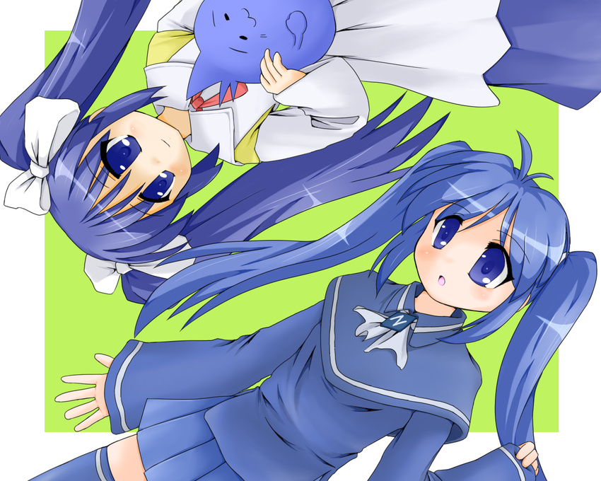 blue_eyes blue_hair crossover hair_ribbon imaichi_moenai_ko kobe_shinbun long_hair look-alike mio_atenako multiple_girls open_mouth ribbon rotational_symmetry sakura_(ukagaka) twintails ukagaka unyuu