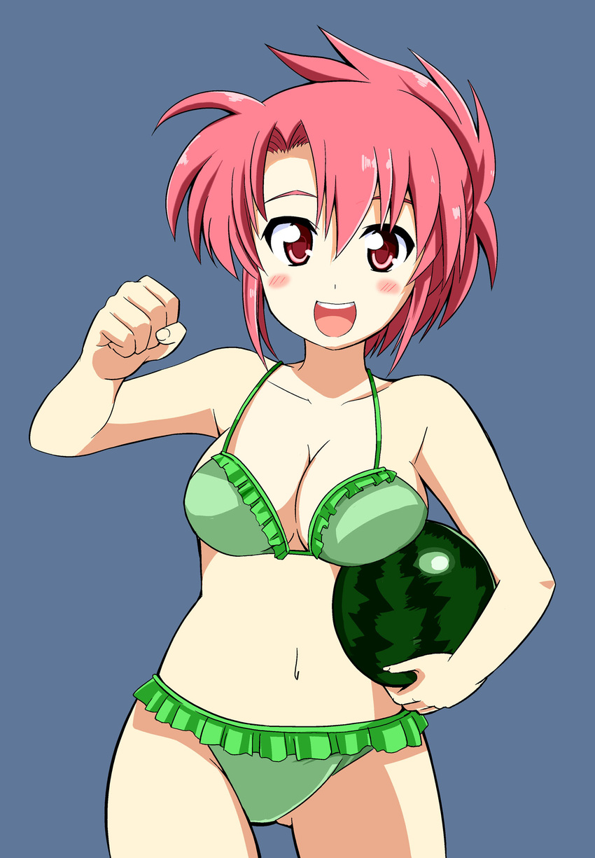 bare_shoulders bikini breast_rest breasts carried_breast_rest cleavage food fruit highres holding holding_food holding_fruit lyrical_nanoha mahou_shoujo_lyrical_nanoha_strikers medium_breasts numbers_(nanoha) oda_masaru red_eyes red_hair simple_background smile solo swimsuit watermelon wendi_(nanoha)