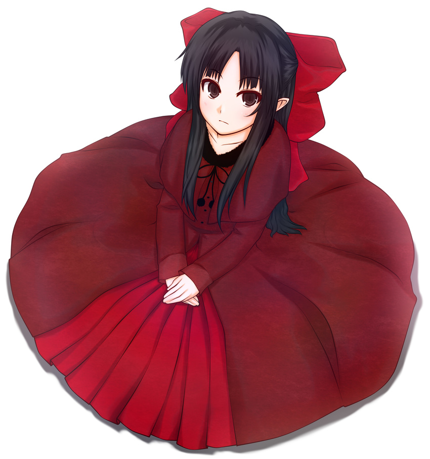 alternate_color bangs black_hair bloom blush bow brown_eyes capelet dress expressionless hair_bow half_updo highres len looking_at_viewer melty_blood parted_bangs pointy_ears red_bow red_dress simple_background sitting solo tsukihime v_arms varitora white_background