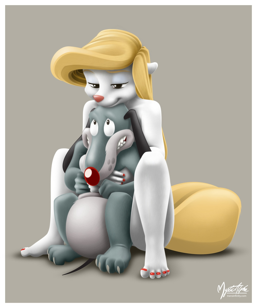 anthro blonde_hair canine dog duo embrace female hair long_hair male mammal minerva_mink mink mustelid mysticalpha nude smile