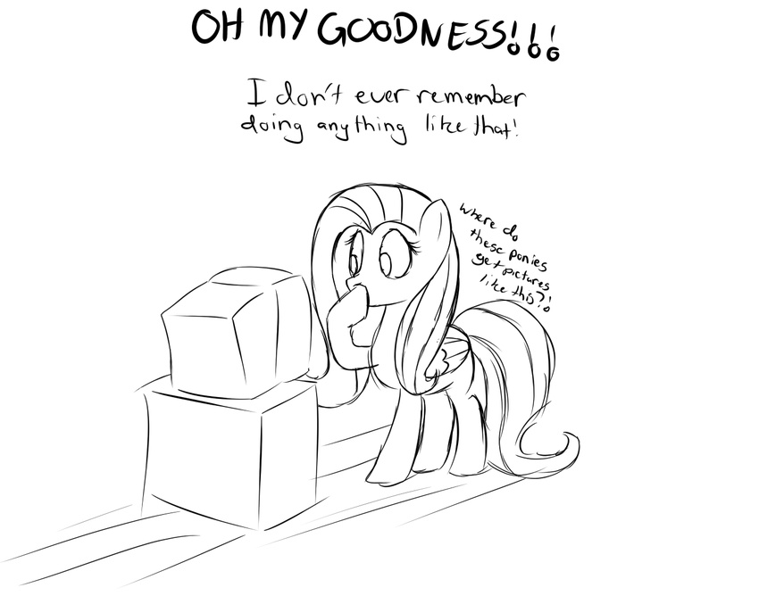 celebrity_paradox computer covering_own_mouth cute digital_drawing_(art) english_text equine female feral fluttershy_(mlp) friendship_is_magic internet mammal monochrome my_little_pony na&#239;ve na&iuml;ve pegasus quadruped reaction reaction_image shocked sketch speccysy text wings
