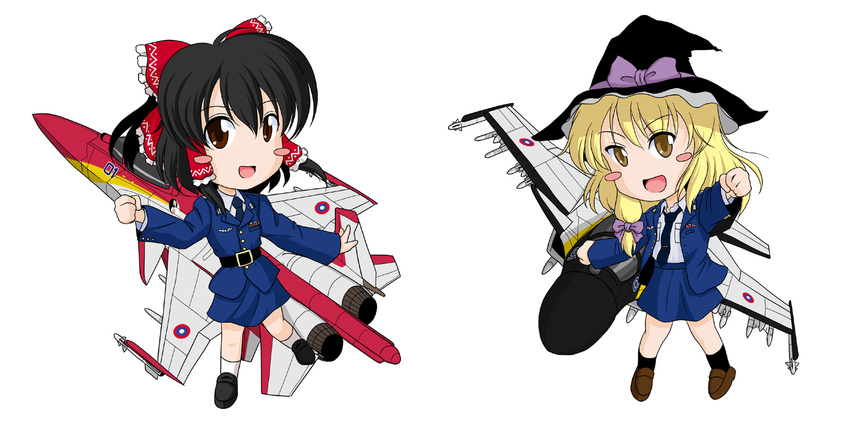 aircraft airplane black_eyes black_hair blonde_hair bow chibi hair_bow hakurei_reimu hat highres jet kirisame_marisa military military_uniform missile multiple_girls sakurato_tsuguhi simple_background touhou uniform witch_hat yellow_eyes