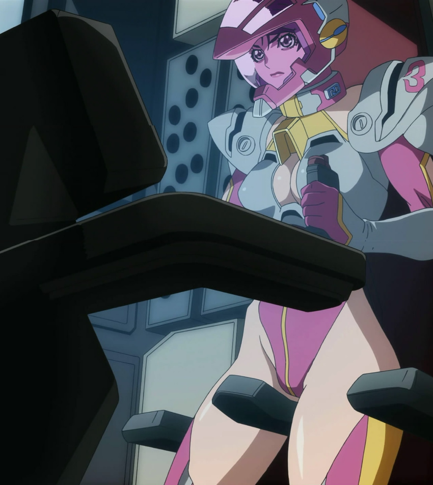 aya_kobayashi breasts cleavage cockpit helmet highres large_breasts leotard pilot_suit pink_leotard screencap solo stitched super_robot_wars super_robot_wars_original_generation thighhighs third-party_edit