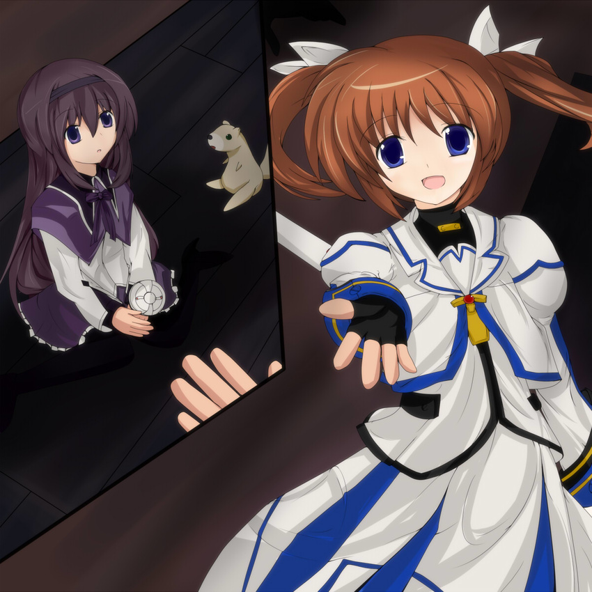 akemi_homura akisaka_yamoka bad_id bad_pixiv_id brown_hair cristina_valenzuela crossover ferret fingerless_gloves gloves hair_ribbon highres long_hair lyrical_nanoha magical_girl mahou_shoujo_lyrical_nanoha mahou_shoujo_madoka_magica multiple_girls open_mouth outstretched_hand pantyhose reaching reaching_out ribbon seiyuu_connection short_hair short_twintails takamachi_nanoha twintails yuuno_scrya