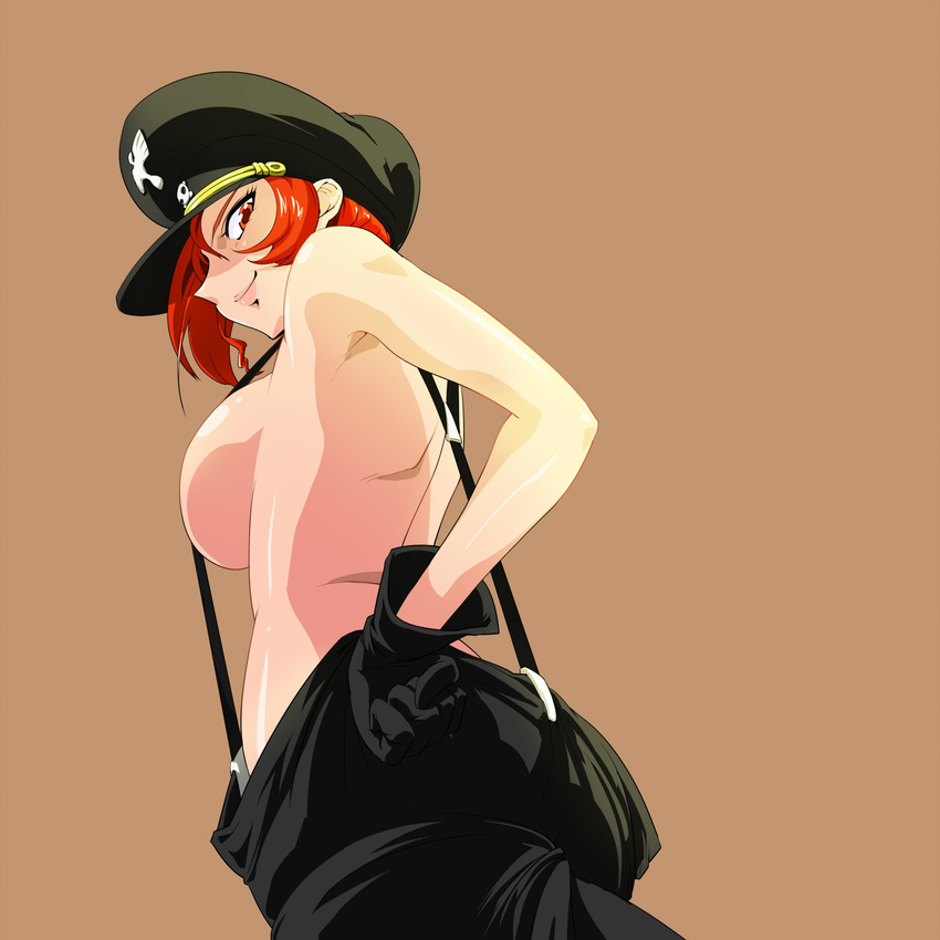 bakuretsu_hunters breasts brown_background chocolate_misu fujimaruu gloves hand_on_hip hat highres large_breasts looking_back looking_down naked_suspenders naughty_face no_bra orange_eyes orange_hair revealing_clothes short_hair simple_background smirk solo suspenders topless