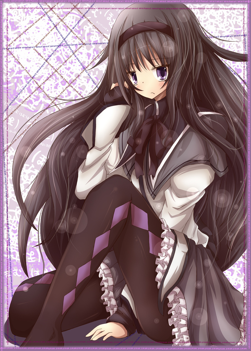 akemi_homura black_hair hairband haru_ion highres long_hair magical_girl mahou_shoujo_madoka_magica pantyhose purple_eyes sitting solo