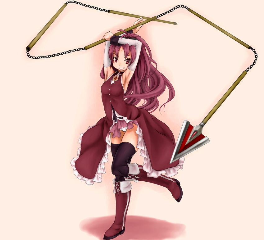 armpits arms_up black_legwear boots brooch detached_sleeves jewelry long_hair magical_girl mahou_shoujo_madoka_magica panties red_eyes red_hair sakura_kyouko scharfschutze skirt solo thighhighs underwear white_panties