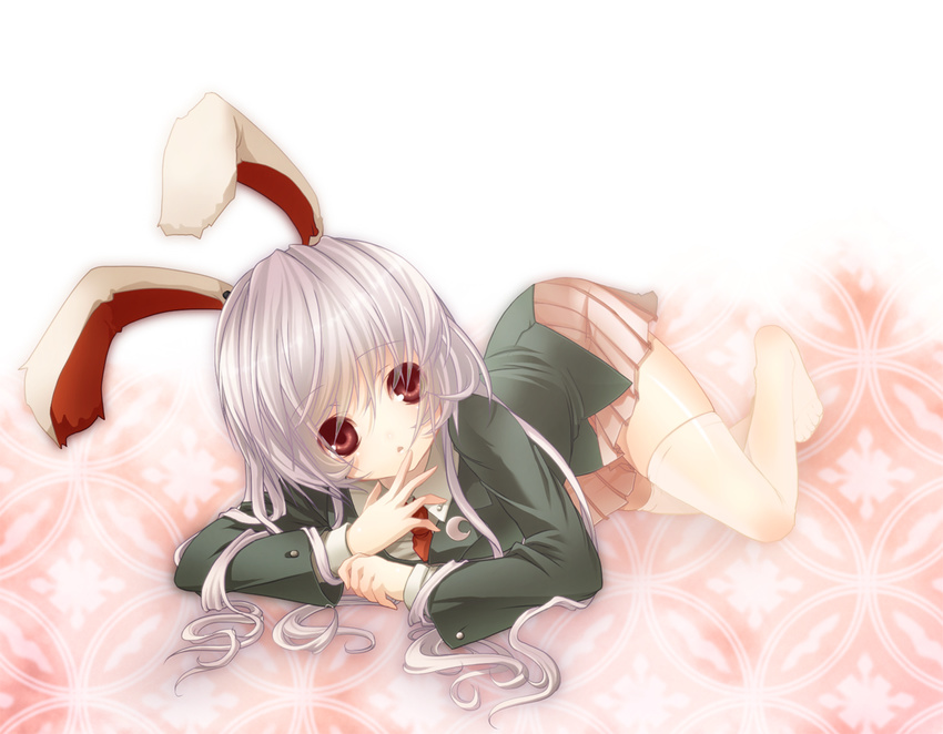 animal_ears bad_id bad_pixiv_id blazer bunny_ears crescent jacket kyrie_(artist) long_hair lying necktie on_stomach red_eyes reisen_udongein_inaba silver_hair solo thighhighs touhou white_hair white_legwear zettai_ryouiki