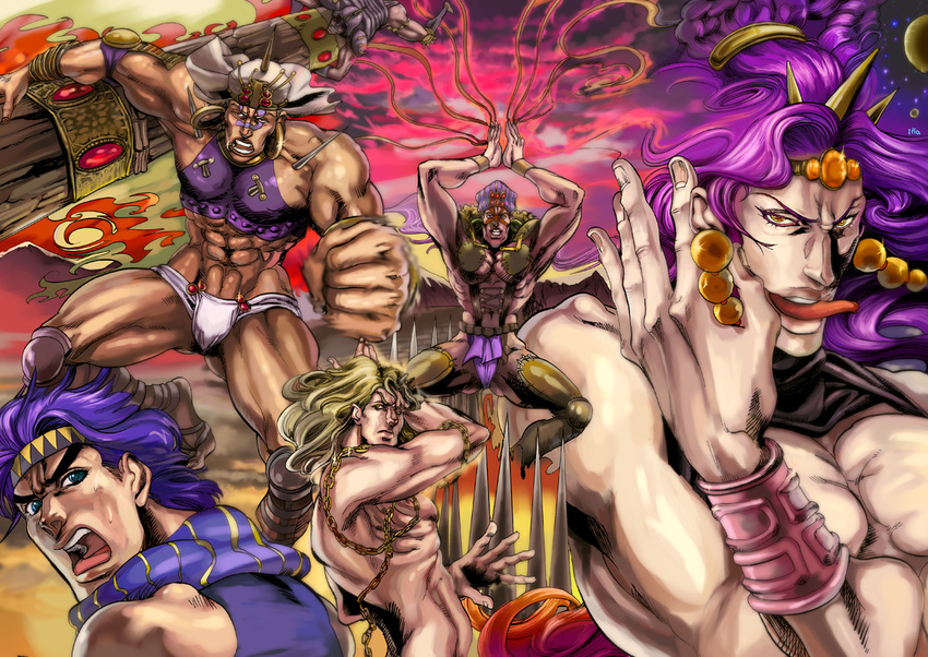 aqua_eyes bad_id bad_pixiv_id bandana battle_tendency blue_hair chain clenched_hand dagger esidisi horns illa jewelry jojo_no_kimyou_na_bouken joseph_joestar_(young) kars_(jojo) multiple_boys needle open_mouth pillar purple_hair santana_(jojo) scarf tattoo tentacles tongue tongue_out wamuu weapon