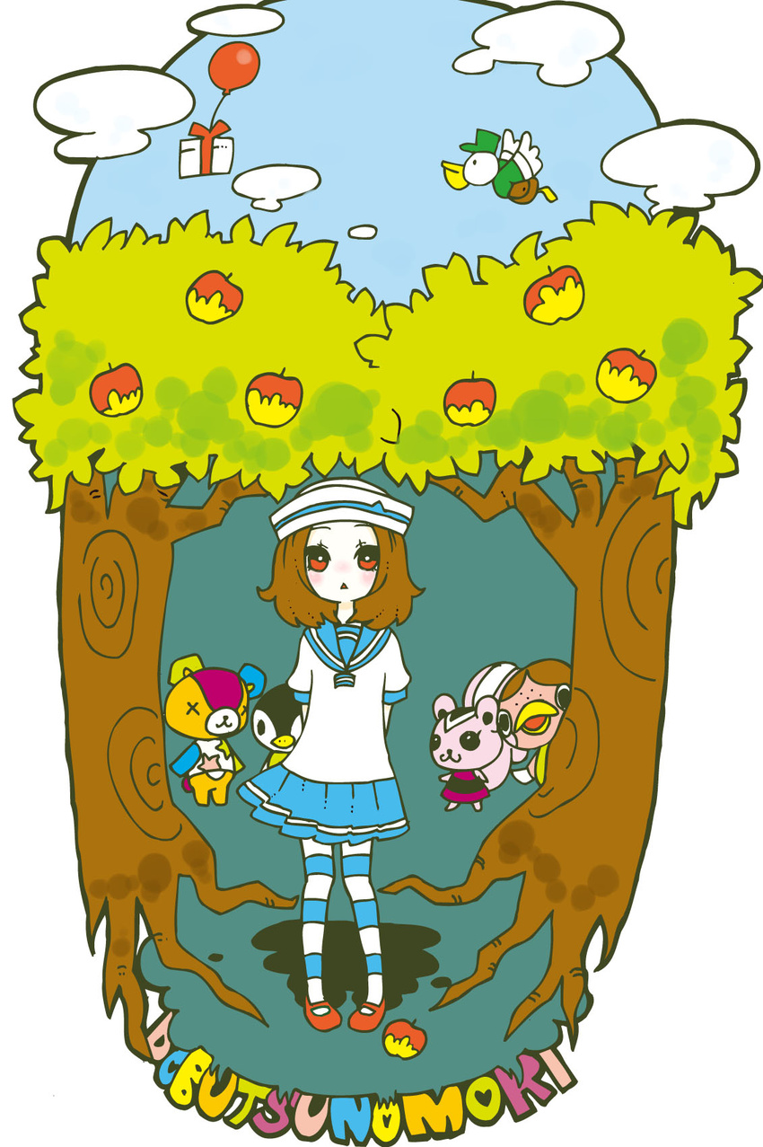 animal_crossing apple apples aurora aurora_(animal_crossing) ballon balloon bear bird black_eyes brown_hair doubutsu_no_mori food freckles freckles_(animal_crossing) fruit gift highres nintendo peanut peanut_(animal_crossing) pelican pelio_(doubutsu_no_mori) penguin pete pete_(animal_crossing) player_1 red_eyes scar squirrel stitches stitches_(animal_crossing) tree trees