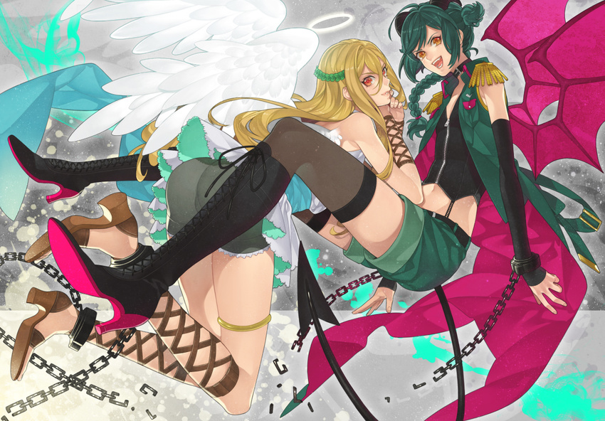 afuro_terumi ass bad_id bad_pixiv_id blonde_hair boots braid demon_tail demon_wings green_hair high_heels horns inazuma_eleven inazuma_eleven_(series) jacket knee_boots long_hair looking_back mistorene_callus multiple_boys off_shoulder otoko_no_ko red_eyes sandals senchat shoes shorts tail thighhighs wings