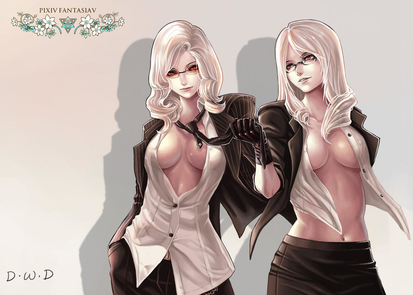 banned_artist black_gloves blonde_hair curly_hair dress_shirt formal glasses gloves highres jacket lips long_hair midriff multiple_girls navel necktie no_bra open_clothes open_shirt pant_suit pencil_skirt pixiv_fantasia pixiv_fantasia_5 red_eyes shadow shirt skirt skirt_suit sleeves_rolled_up suit sunglasses white_shirt yinan_cui