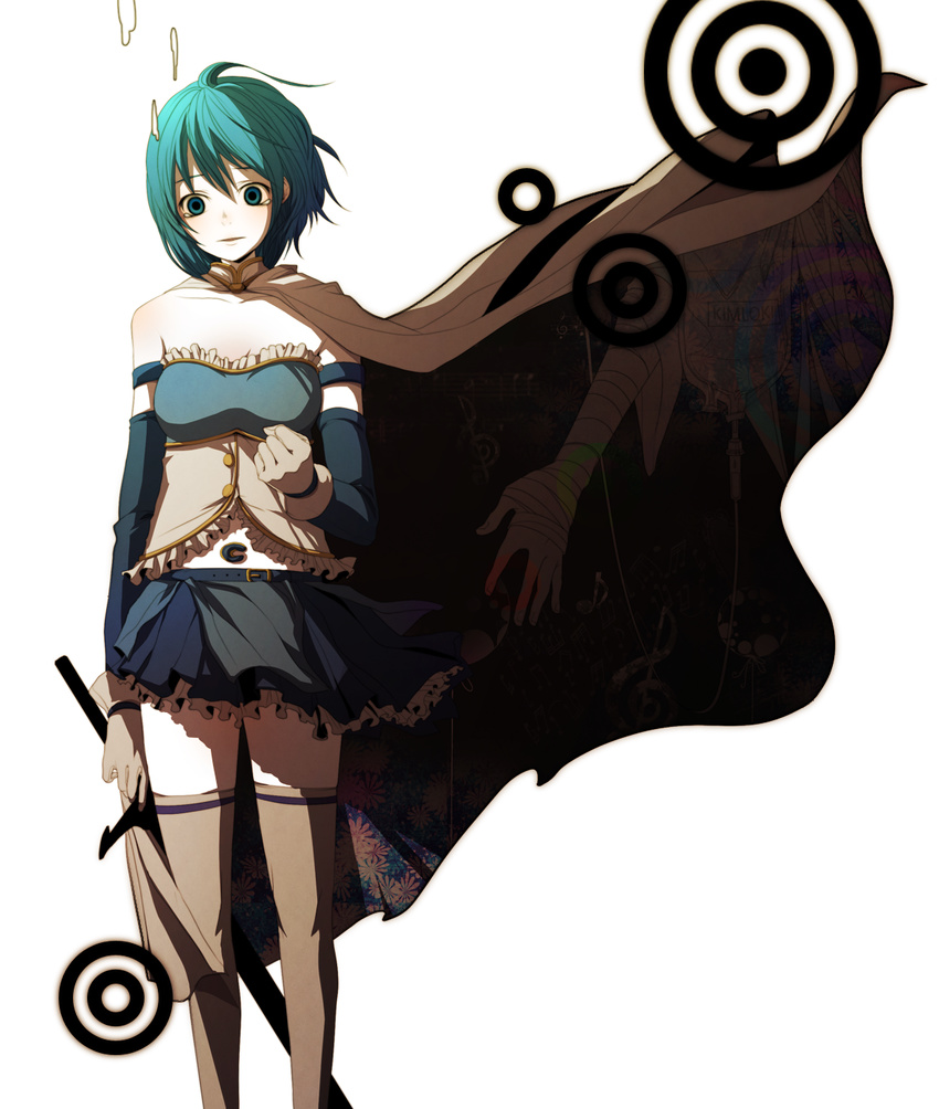 aqua_eyes aqua_hair bad_id bad_pixiv_id bare_shoulders blue_eyes blue_hair breasts cape cleavage elbow_gloves empty_eyes gloves highres kimloki long_sword magical_girl mahou_shoujo_madoka_magica medium_breasts midriff miki_sayaka short_hair skirt solo sword tears thighhighs weapon white_legwear