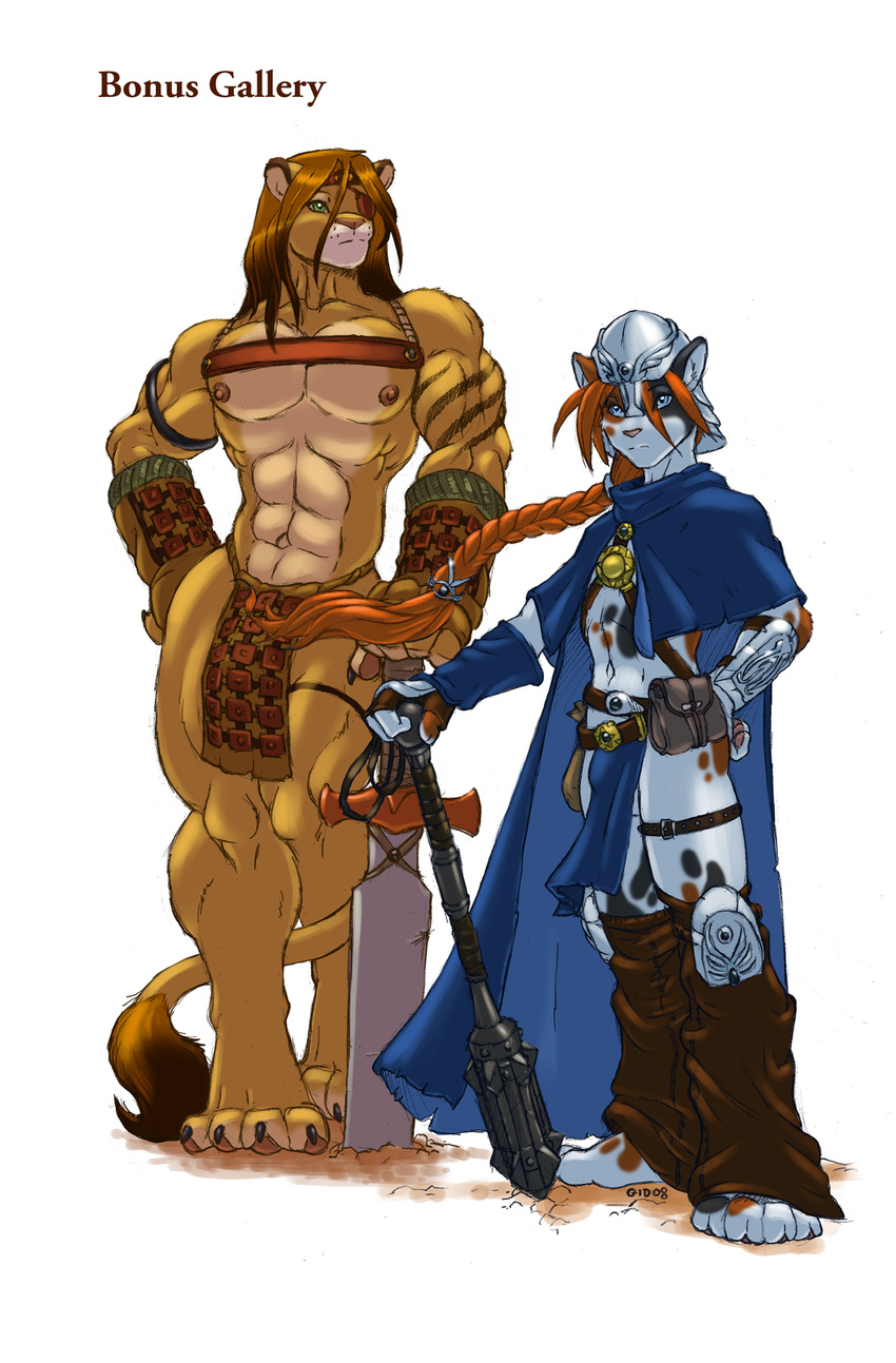 belt blue_eyes bracelet braid buff bulge claws cloak cloth cover eye_patch feline gideon gideons_bestiary gloves gold green_eyes hair helmet jewelry leg_warmer lion mace male markings muscles nipples outside ponytail pouch red_hair ribbons sixpack size_difference sword tail_tuft twohanded weapon