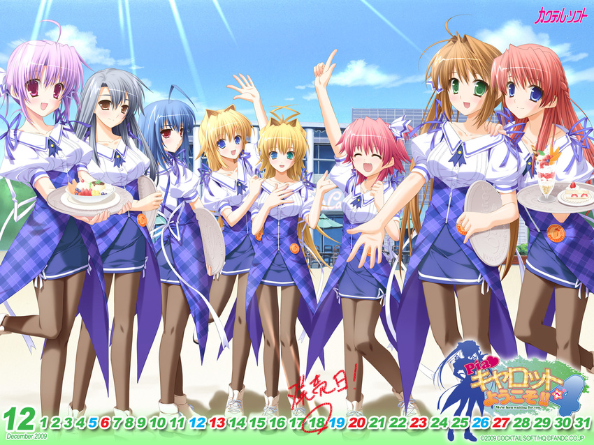 ariko_youichi blue_hair brown_hair calendar food group hasegawa_akemi japanese_clothes kino_hitoshi kitagawa_sora murakami_suigun naruse_mamoru pantyhose pia_carrot pia_carrot_4 tagme waitress