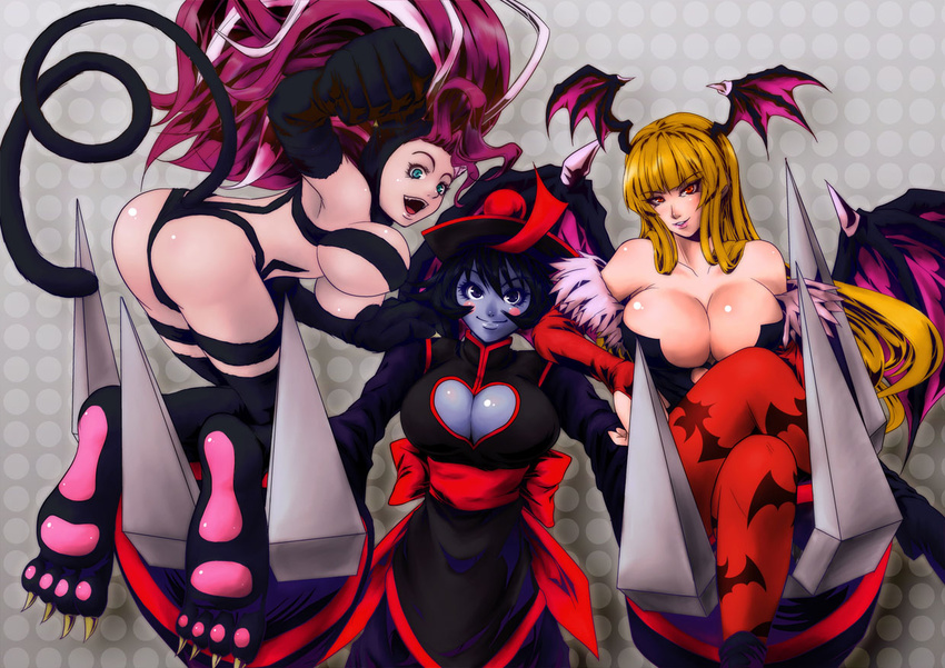 3girls alternate_color alternate_hair_color animal_ears ass bat_wings black_hair blonde_hair blue_eyes blue_skin breasts capcom cat_ears chinese_clothes claws cleavage cleavage_cutout demon_girl fangs felicia fur geung_si green_eyes hat head_wings hold holding jiangshi large_breasts lei_lei morrigan_aensland multiple_girls pant-3 pantyhose pink_hair red_eyes short_hair succubus vampire_(game) wings