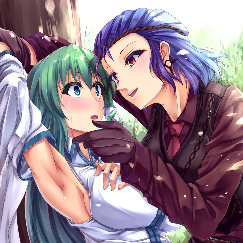 against_tree alternate_costume alternate_hairstyle armpits belt blush breasts chin_grab colored_eyelashes detached_sleeves earrings formal gloves green_eyes green_hair jewelry kinntarou kochiya_sanae large_breasts lips long_hair multiple_girls muscle necktie open_mouth purple_hair red_eyes short_hair sideboob snake suit sweat touhou tree yasaka_kanako you_gonna_get_raped yuri