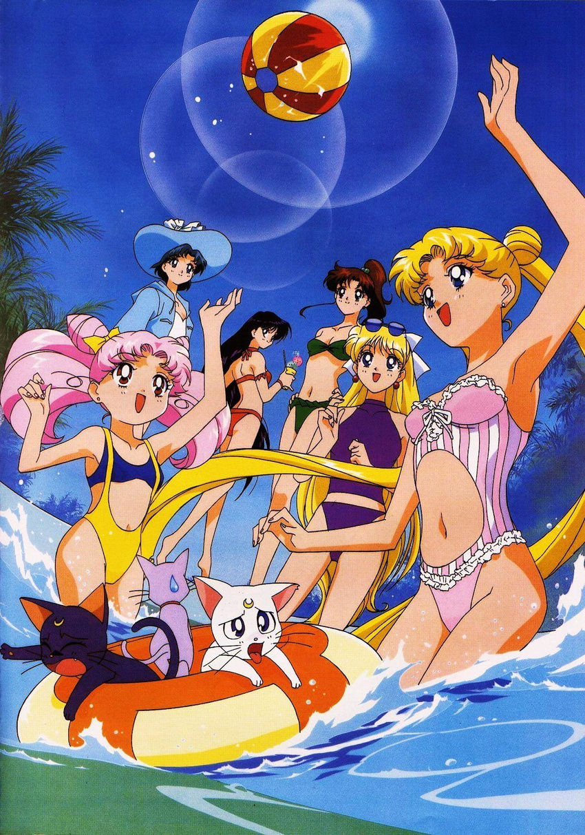 aino_minako artemis_(sailor_moon) beachball bikini black_hair blonde blue_eyes blue_hair brown_hair cat chibi_usa diana double_buns earrings green_eyes hair_bobbles hair_bow hat hino_rei ice_cream innertube kino_makoto long_hair luna_(sailor_moon) mizugi mizuno_ami open_mouth pink_hair ponytail red_eyes sailor_moon short_hair smile sunglasses tsukino_usagi twin_tails very_long_hair waki water