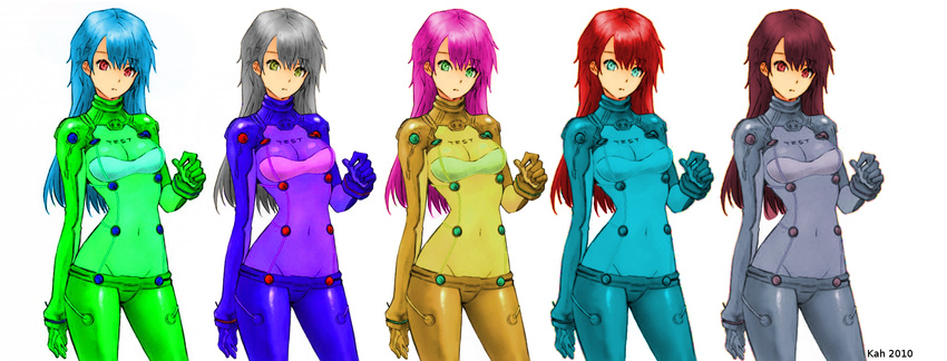 alternate_color asuka_langley blue_eyes blue_hair bodysuit color eyes fanart gray_hair green_eyes kah multiple_persona neon_genesis_evangelion orange_hair plugsuit rebuild_of_evangelion red_ red_hair solo test_plugsuit yellow_eyes