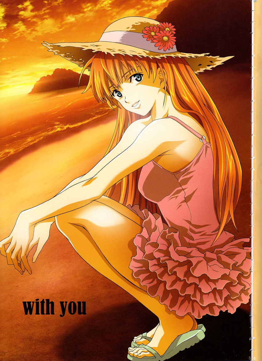 asuka_langley beach blue_eyes cloud dress flower hat hat_flower long_hair neon_genesis_evangelion ocean orange_hair sandals side sky smile squat straw_hat sunset teeth water