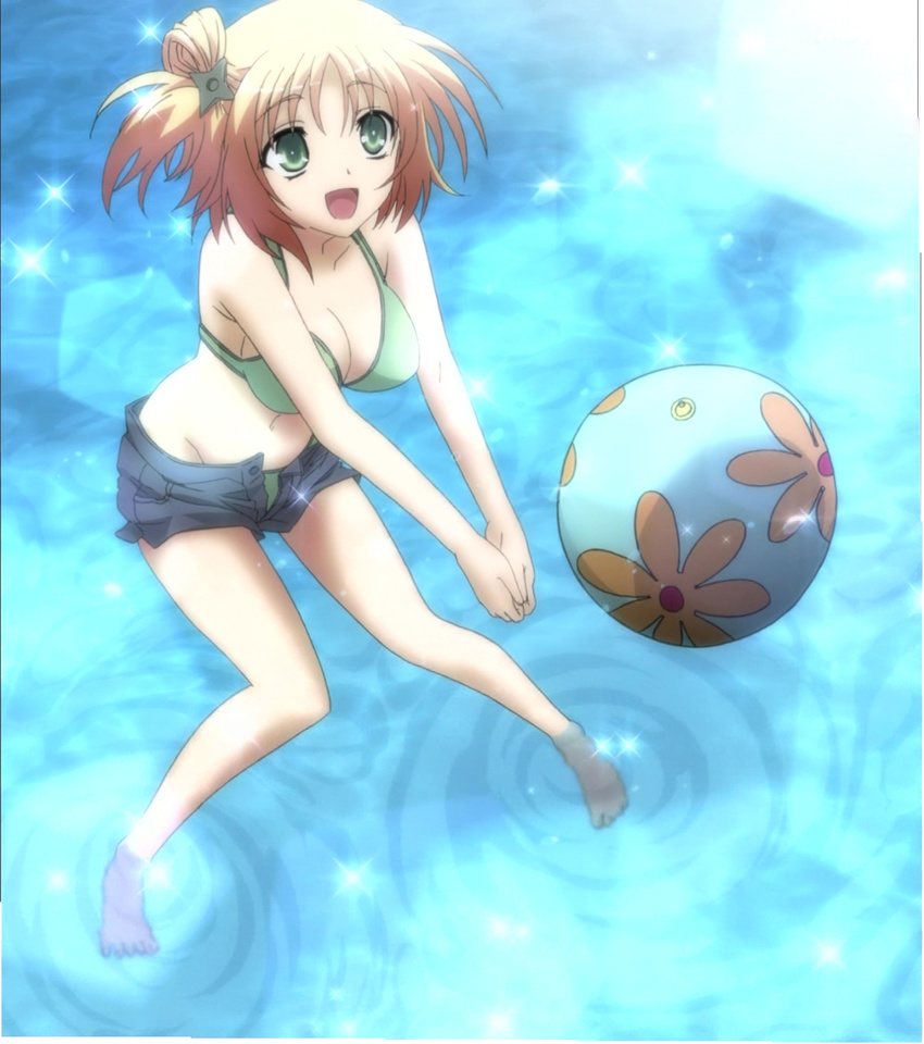 ball bare_feet bikini blue_shorts cleavage flowers green_bikini green_eyes kore_wa_zombie_desu_ka? mizugi shuriken swim_suit water yoshida_yuki