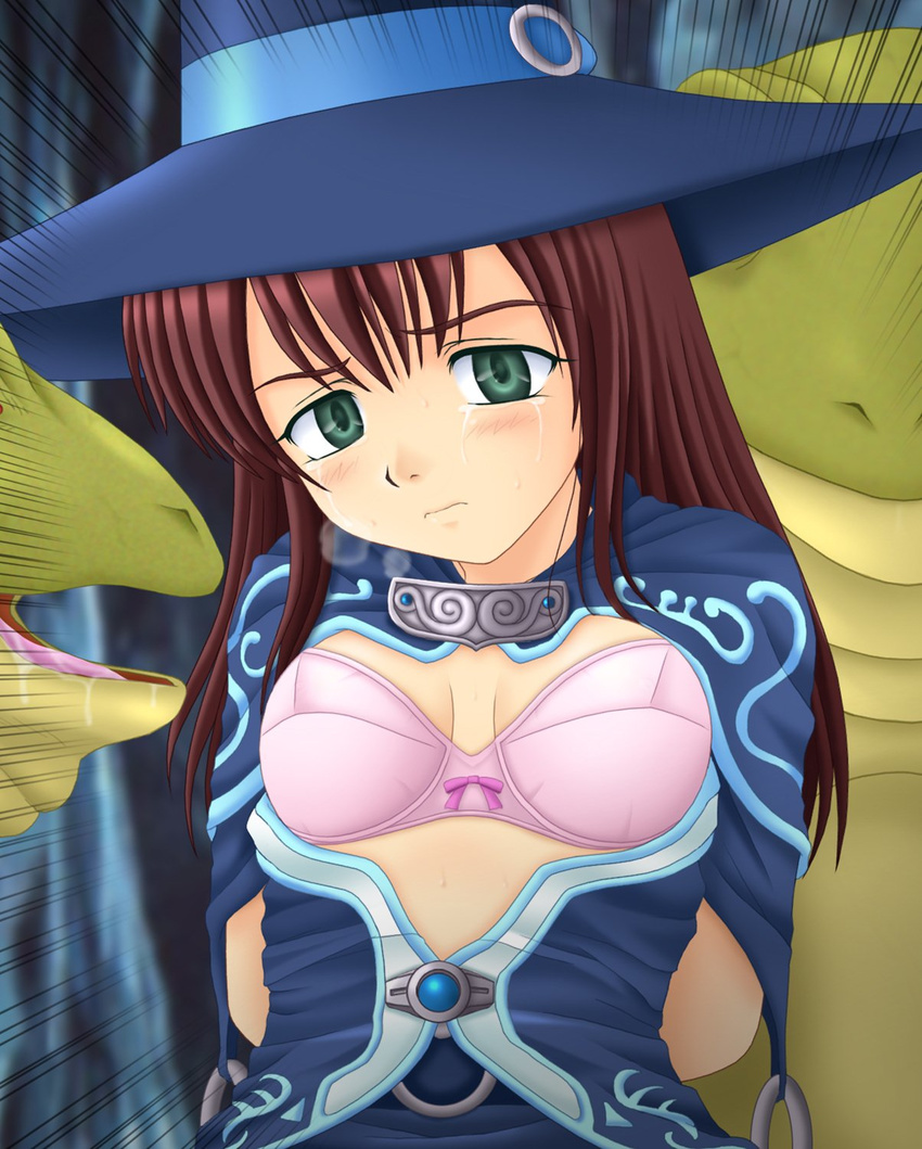 1girl angry arms_behind_back blush bra brown_hair cleavage crying frog_series green_eyes hat jewelry pink_bra raep sad saliva smug tears tyurru witch