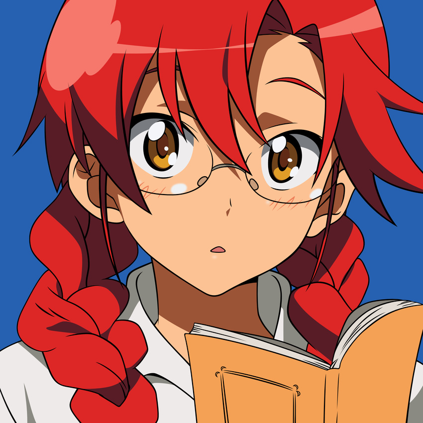 absurdres bespectacled book braid face glasses highres long_hair non-web_source open_mouth pieces_of_sweet_stars red_hair solo tengen_toppa_gurren_lagann twin_braids vector_trace yellow_eyes yoko_littner