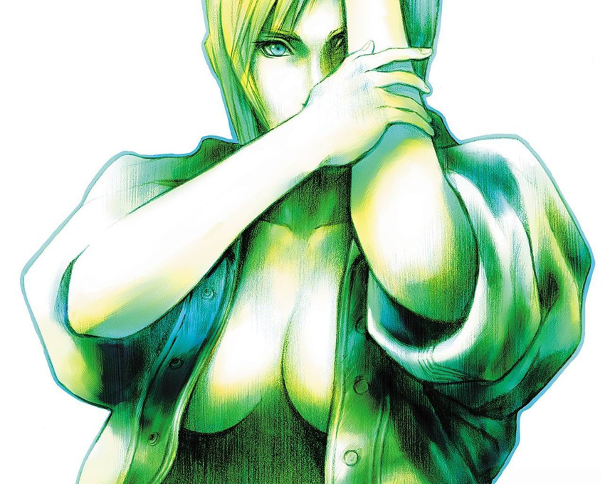 aya_brea blonde_hair blue_eyes nomura_tetsuya official_art open_clothes open_shirt parasite_eve parasite_eve_ii shirt sleeves_rolled_up solo