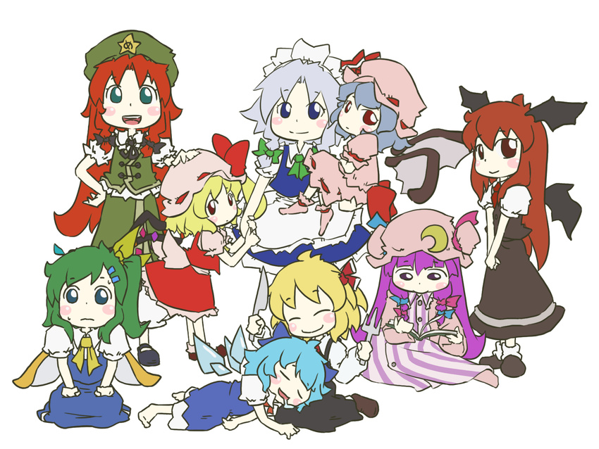 :&gt; :d =_= ^_^ apron arm_grab ascot barefoot bat_wings blonde_hair blue_dress blue_eyes blue_hair blue_ribbon blush_stickers book bow braid buttons carrying chibi china_dress chinese_clothes cirno closed_eyes crescent daiyousei detached_wings dress drooling everyone fairy_wings flandre_scarlet fork green_eyes green_hair hair_bow hair_ornament hairclip hand_on_headwear hand_on_hip happy hat hat_ribbon head_wings highres hong_meiling ice ice_wings izayoi_sakuya kneeling knife koakuma lap_pillow large_bow long_hair lying maid maid_headdress mary_janes multiple_girls necktie nervous open_book open_mouth patchouli_knowledge peconica petting pink_dress purple_dress purple_eyes purple_hair reading red_dress red_eyes red_hair red_ribbon remilia_scarlet ribbon rumia saliva seiza shoes short_hair side_ponytail sidelocks silver_hair sitting skirt skirt_set smile star striped striped_dress the_embodiment_of_scarlet_devil touhou twin_braids v_arms vertical_stripes vest waist_apron wings yellow_ribbon