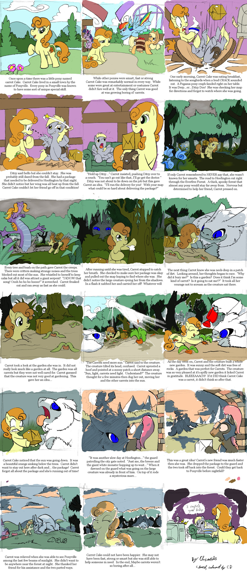 applejack_(mlp) blue_fur carrot_top_(mlp) carrots comic cutie_mark derpy_hooves_(mlp) elosande english_text equine everfree_forest female feral friendship_is_magic fur hoofington horn horse mammal monster my_little_pony outside pegasus pony rainbow_dash_(mlp) story storyboard text twilight_sparkle_(mlp) unicorn wings