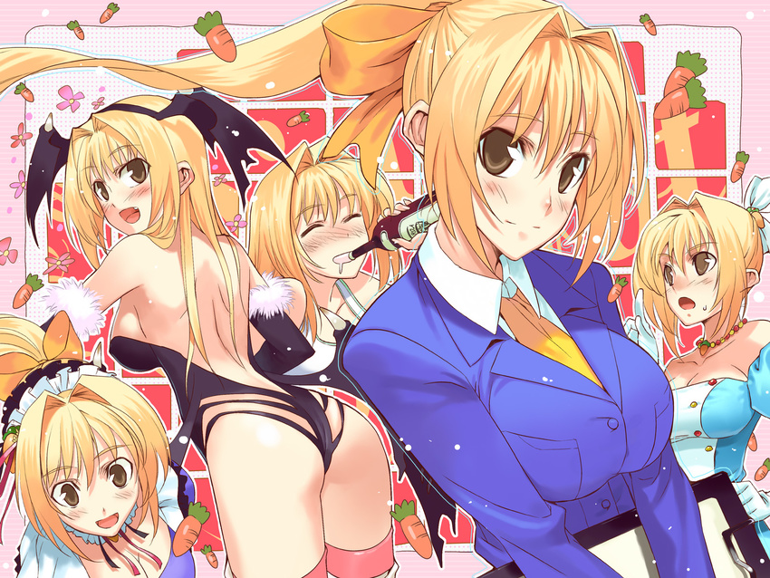 ass back blonde_hair brown_eyes cosplay head_wings highres kinoshita_rumi long_hair looking_back morii_shizuki pia_carrot_(series) pia_carrot_e_youkoso!!_g.o. ponytail waitress