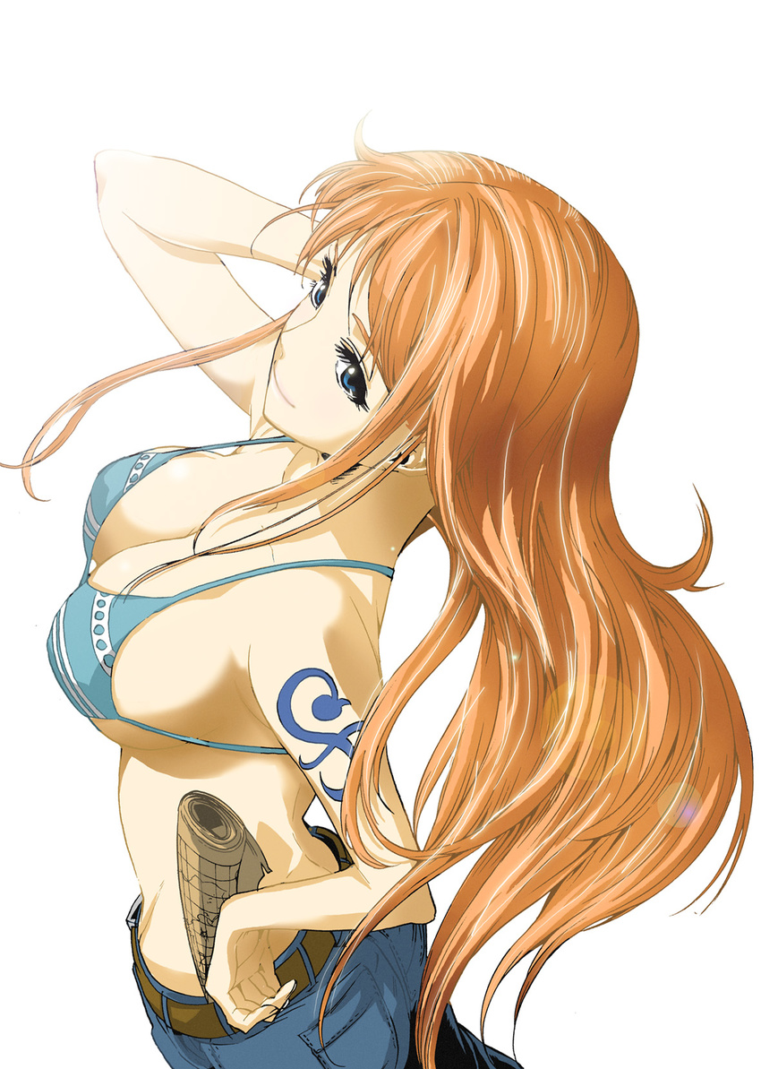 belt bikini_top blue_eyes breasts cleavage denim highres jeans large_breasts long_hair nami_(one_piece) one_piece orange_hair pants sagatsune solo strap_gap tattoo