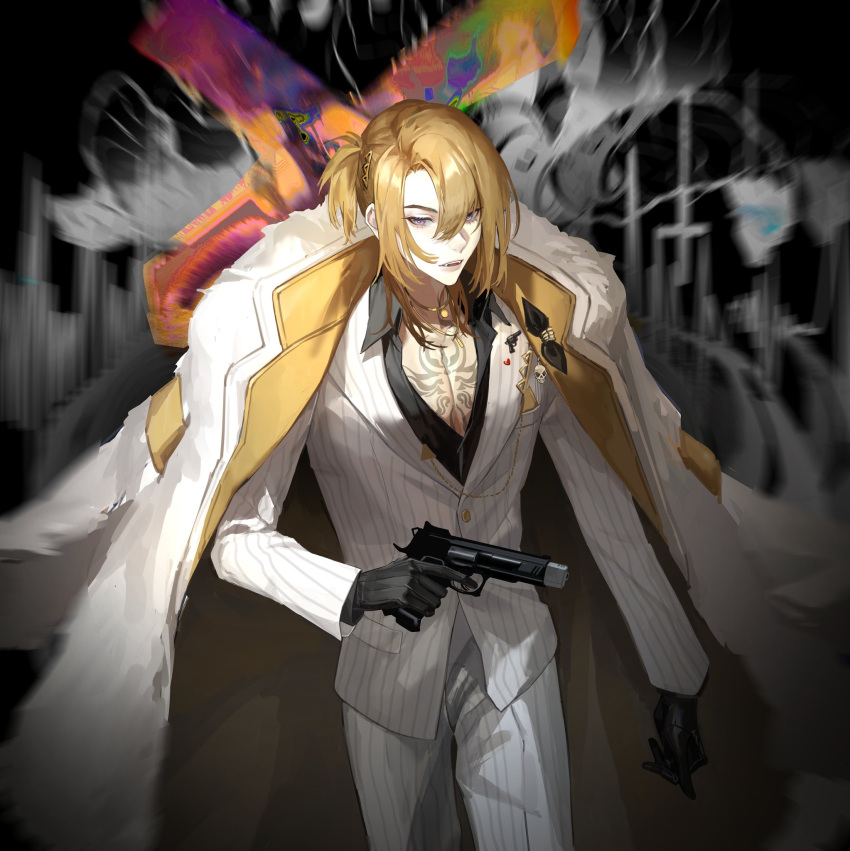 1boy black_gloves black_shirt blonde_hair blurry blurry_background chest_tattoo coat coat_on_shoulders collared_shirt cowboy_shot formal gloves gun hair_between_eyes handgun highres holding holding_gun holding_weapon jacket luca_kaneshiro male_focus nijisanji nijisanji_en pants parted_lips pinstripe_pattern pinstripe_suit ponytail purple_eyes shirt solo striped suit tattoo virtual_youtuber weapon white_coat white_jacket white_pants white_suit xiangzizg