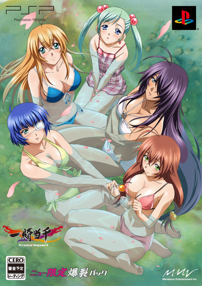 age_difference antenna_hair aqua_eyes barefoot bikini blonde_hair blue_eyes blue_hair blush breasts brown_hair child cleavage dark_skin earrings eyepatch feet front-tie_top glasses green_eyes green_hair hair_over_one_eye highres ikkitousen ikkitousen_xross_impact jewelry kan'u_unchou kanu_unchou large_breasts long_hair magatama mizugi mole o-ring_bottom o-ring_top official_art playstation_portable purple_hair ryomou_shimei ryuubi_gentoku shokatsuryou_koumei short_hair side-tie_bikini smile soles sonsaku_hakufu swimsuit toes twintails water