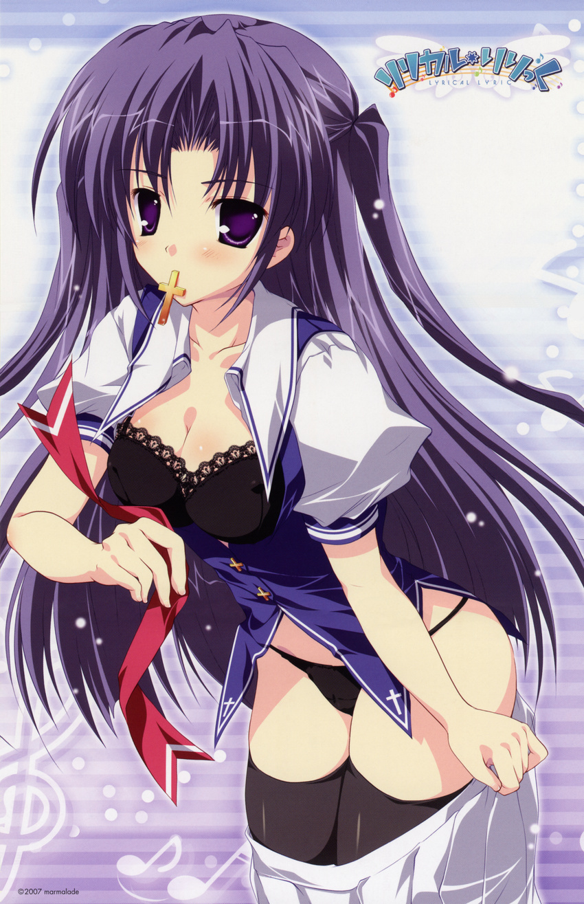 absurdres black_bra black_panties bra breasts cleavage copyright_name covered_nipples cross highres huge_filesize lace lace-trimmed_bra long_hair lyrical_lyric medium_breasts mikeou mouth_hold open_clothes open_shirt panties purple_eyes purple_hair school_uniform shirt skirt skirt_pull string_panties takami_rin thighhighs two_side_up underwear undressing