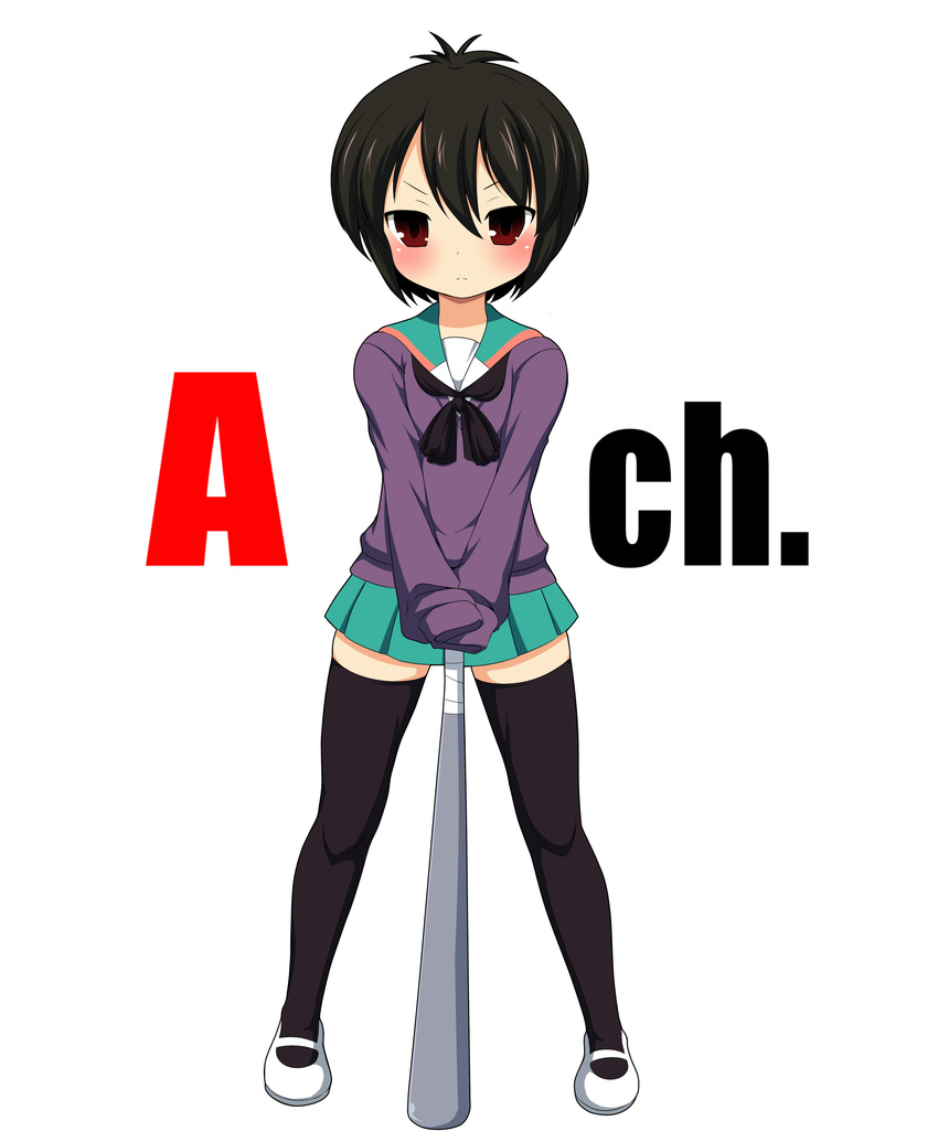 a_channel absurdres bad_id bad_pixiv_id baseball_bat black_hair black_legwear blush highres ichii_tooru kyokutou_hentai_samurai red_eyes school_uniform serafuku short_hair skirt sleeves_past_fingers sleeves_past_wrists solo sweater thighhighs zettai_ryouiki