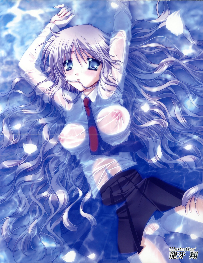 artist_request blouse blue_eyes breasts comic_moemax large_breasts long_hair lying necktie nipples no_bra on_back oppai pantsu scanning_artifacts skirt transparent_clothing water wet wet_clothes white_hair