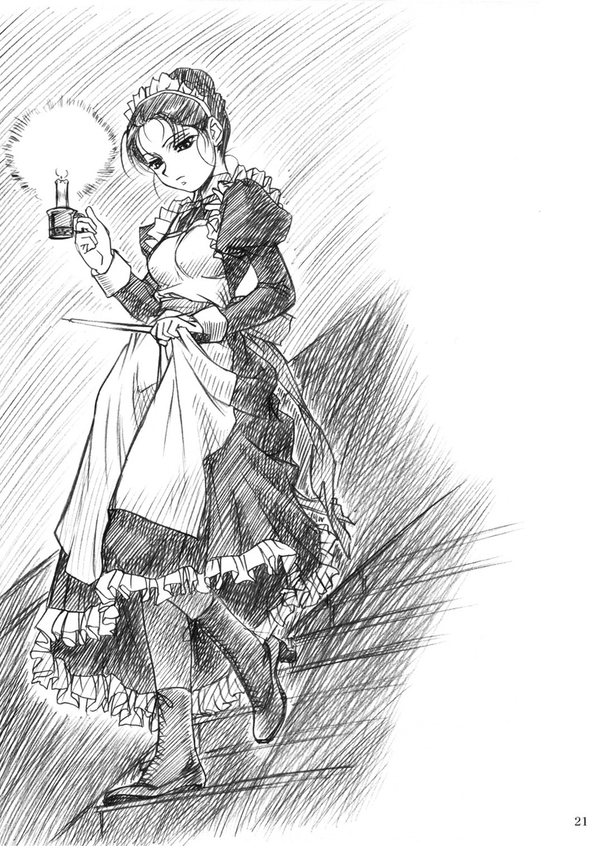 copyright_request doujinshi greyscale highres long_sleeves maid maid_headdress mekongdelta monochrome solo