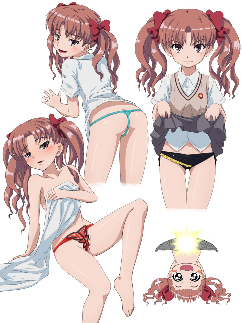 barefoot blush bow brown_eyes brown_hair censored feet hair_ribbon hands high_res kemeko_deluxe legs lowleg_pantsu mameshiba_(artist) open_mouth oshiri pantsu parody ribbon school_uniform shirai_kuroko side-tie_panties skirt_lift solo to_aru_kagaku_no_railgun to_aru_majutsu_no_index twin_tails