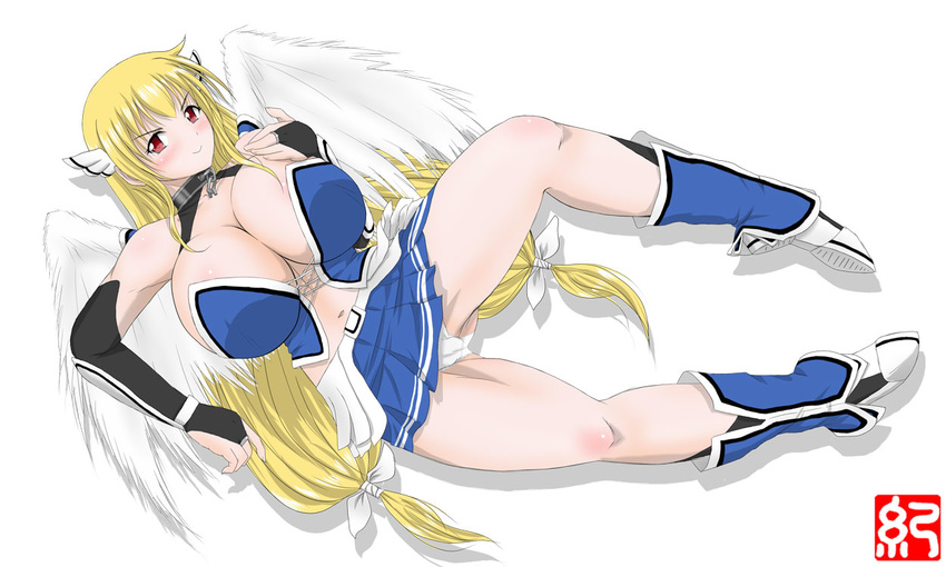 angel_wings artist_request astraea blonde_hair blush breasts cleavage huge_breasts kino_yuugara kiyue long_hair lying panties pantyshot red_eyes simple_background skirt smile sora_no_otoshimono twintails underwear very_long_hair white_panties wings