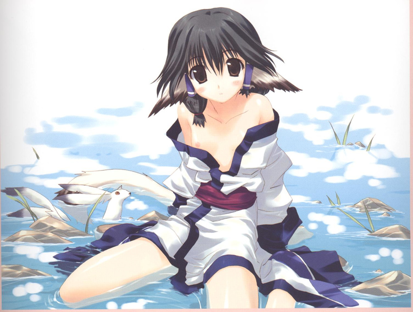 amaduyu_tatsuki aruruu nipple_slip open_shirt utawarerumono water