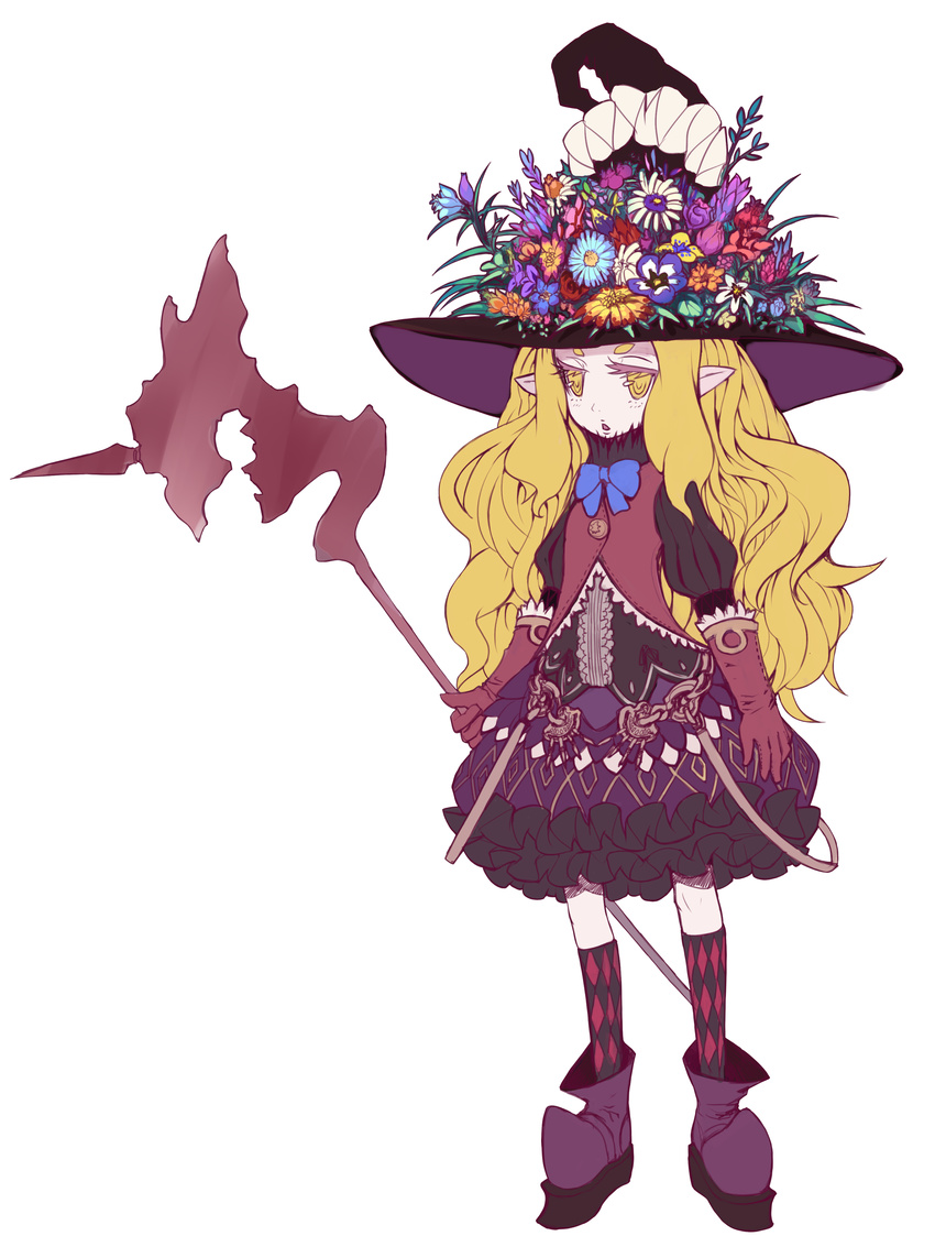 absurdres blonde_hair checkered checkered_legwear dress flower hat hat_flower highres kansou_samehada long_hair original platform_footwear pointy_ears solo staff witch witch_hat yellow_eyes