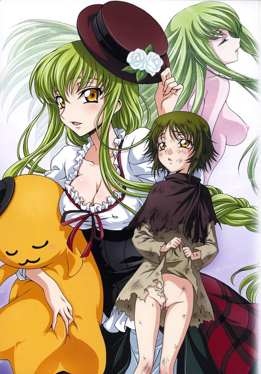 blush bottomless breasts c.c. censored cheese-kun cleavage closed_eyes code_geass convenient_censoring covered_nipples flower frills green_hair hat hat_flower highres iyou long_hair medium_breasts multiple_persona nipples nude pizza_hut ribbon short_hair torn_clothes very_long_hair yellow_eyes yukkyun
