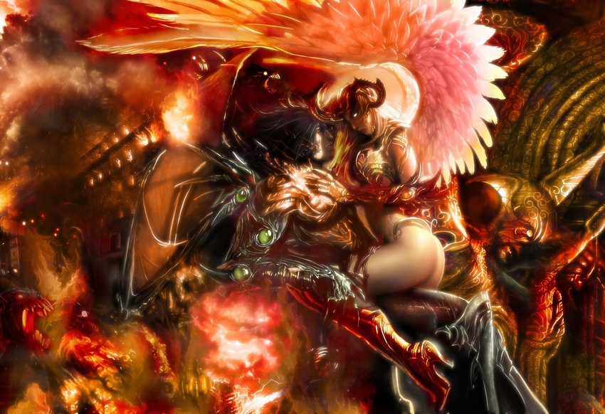 artist_request body_armour demons fire leather_wings man_woman netherworld phoenix tagme