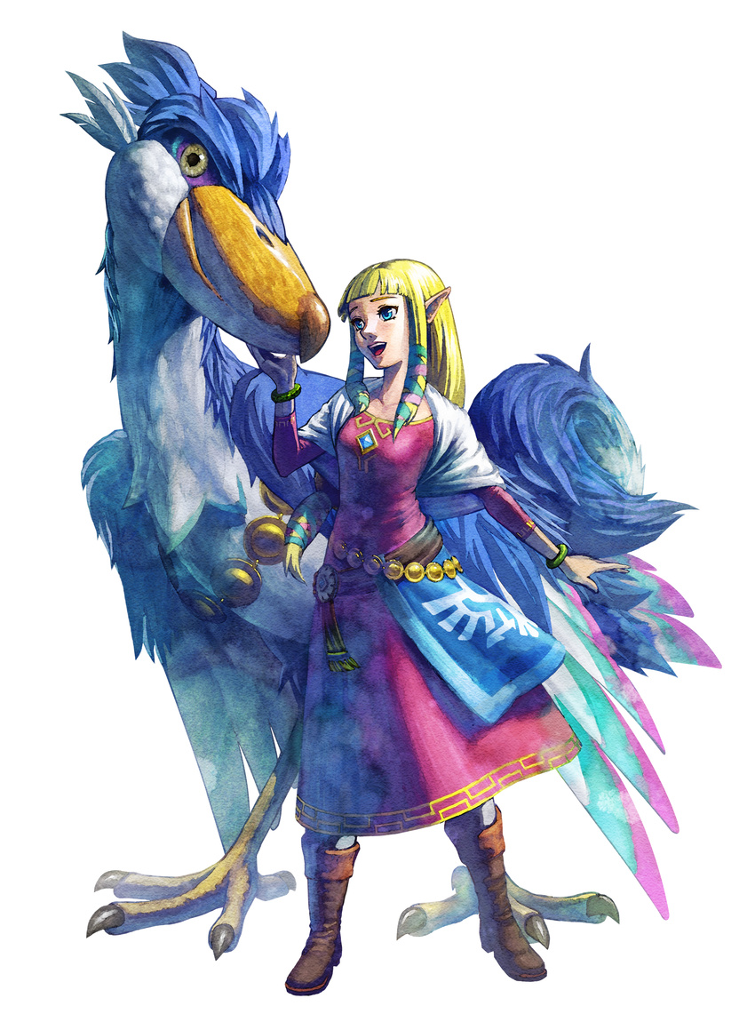 absurdres artist_request bird blonde_hair blue_eyes highres loftwing long_hair official_art pointy_ears princess_zelda smile the_legend_of_zelda the_legend_of_zelda:_skyward_sword