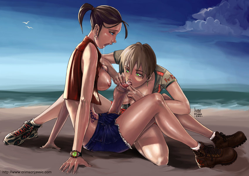 arm_support beach blue_eyes boots breasts brown_hair cloud denim_shorts drool earrings fellatio female_on_futa foreskin futanari green_eyes large_breasts legs midriff nipples open_fly open_mouth open_shirt oppai oral ponytail saliva saliva_trail seagull shoes short_hair shorts sitting sky sleeveless socks t-shirt tattoo tongue unbuttoned unzipped vest watch