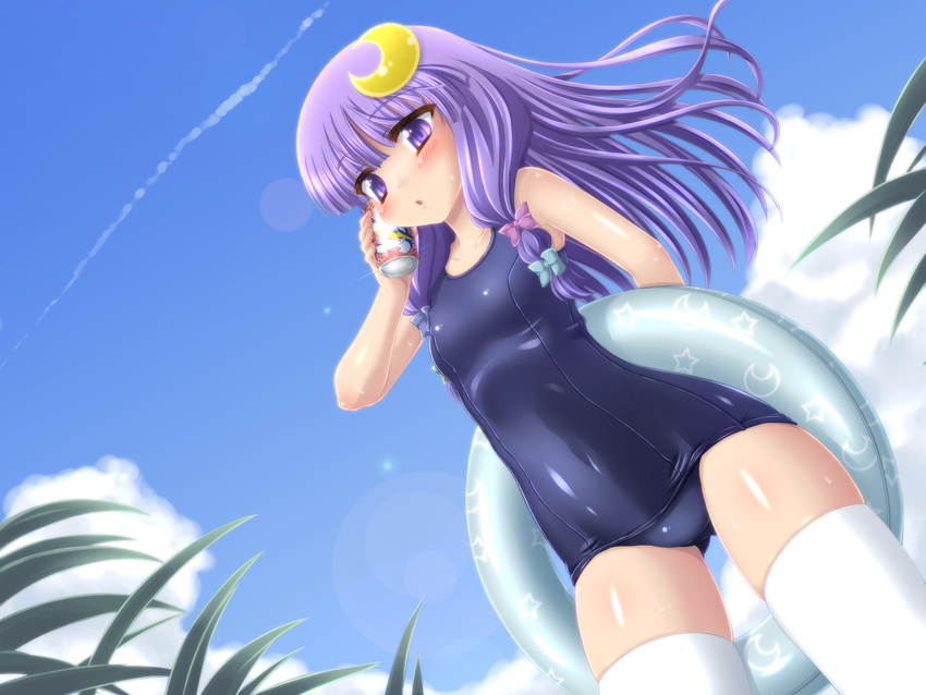 can crescent crescent_hair_ornament from_below hair_ornament highres iganseijin innertube long_hair one-piece_swimsuit patchouli_knowledge purple_eyes purple_hair school_swimsuit solo swimsuit thighhighs touhou